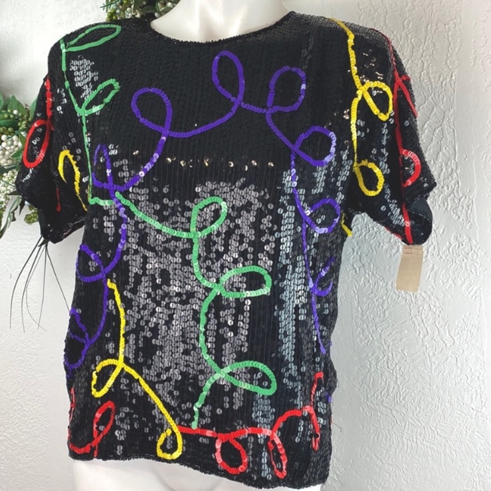 Vintage RINA Z Silk Black Sequin Blouse with Multicolored Sequin Design🎄